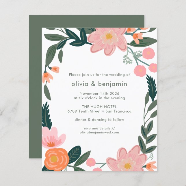 Papier Budget Jardin Rose Jardin Fleurs Mariage Invitatio (Devant / Derrière)