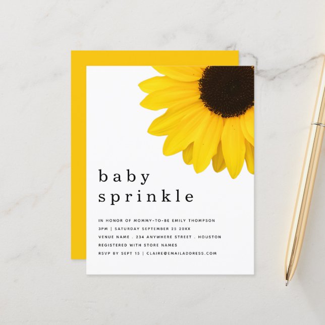 Papier BUDGET Jaune Tournesol Baby Invitation (Devant/Arrière en situation)