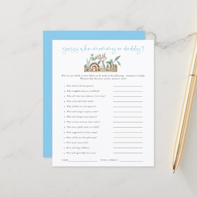 Papier Budget Jeu Devinez Qui Maman Papa Baby shower Bleu (Devant/Arrière en situation)