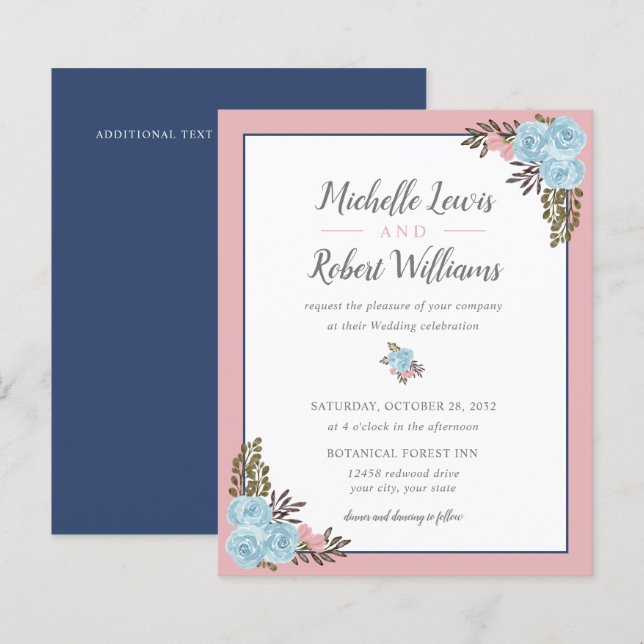 Papier BUDGET Joli mariage floral bleu rose marine (Devant / Derrière)