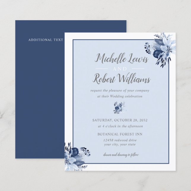 Papier BUDGET Jolie mariage floral bleu marine gris (Devant / Derrière)