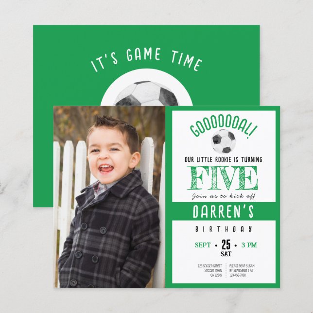 Papier Budget Jote Soccer Photo Green Anniversaire Invita (Devant / Derrière)