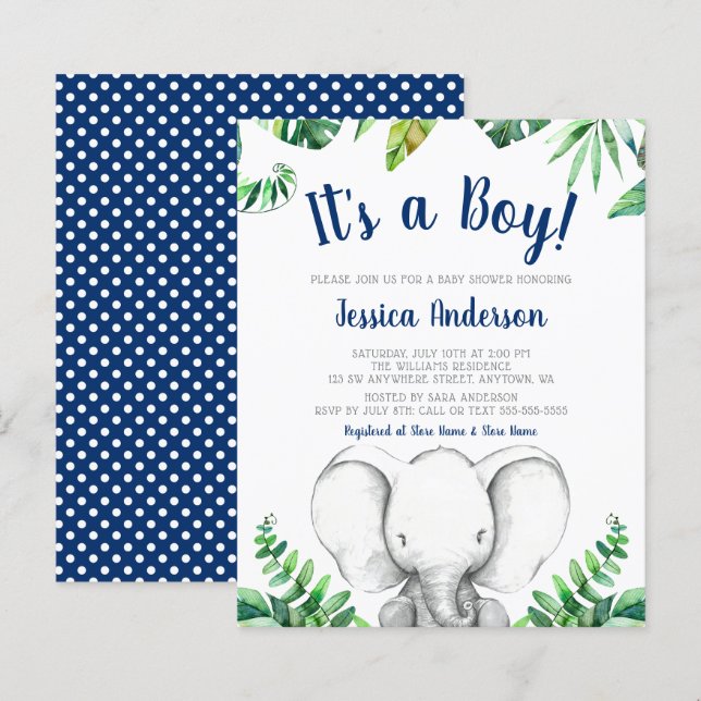 Papier Budget Jungle Elephant Boy Marine Baby shower bleu (Devant / Derrière)