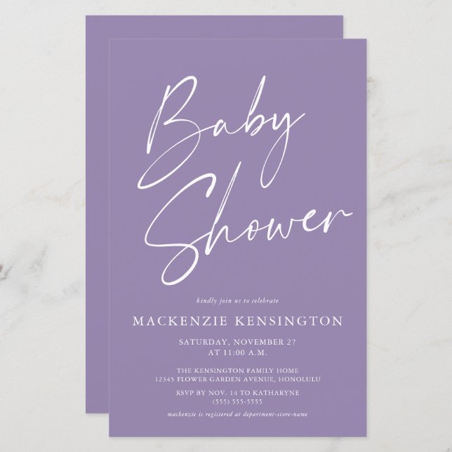Papier Budget Lavender Purple Simple Script Baby shower (Devant / Derrière)