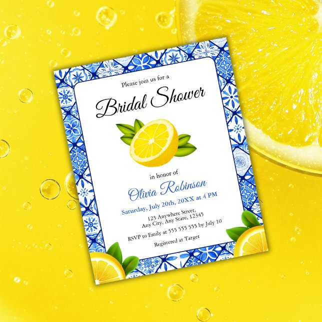 Papier Budget Lemon Méditerranée Fête des mariées Invitat (Budget Mediterranean Italian Tile Lemon Bridal Shower Invitation  )