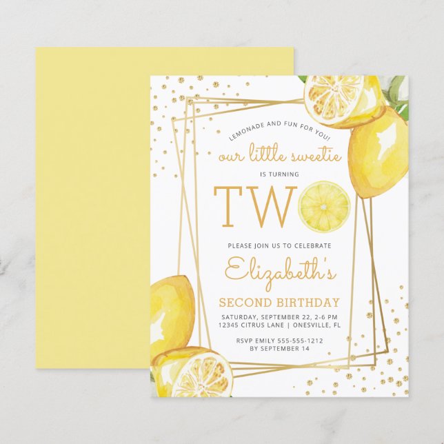 Papier Budget Lemon Watercolor 2e anniversaire Invitation (Devant / Derrière)