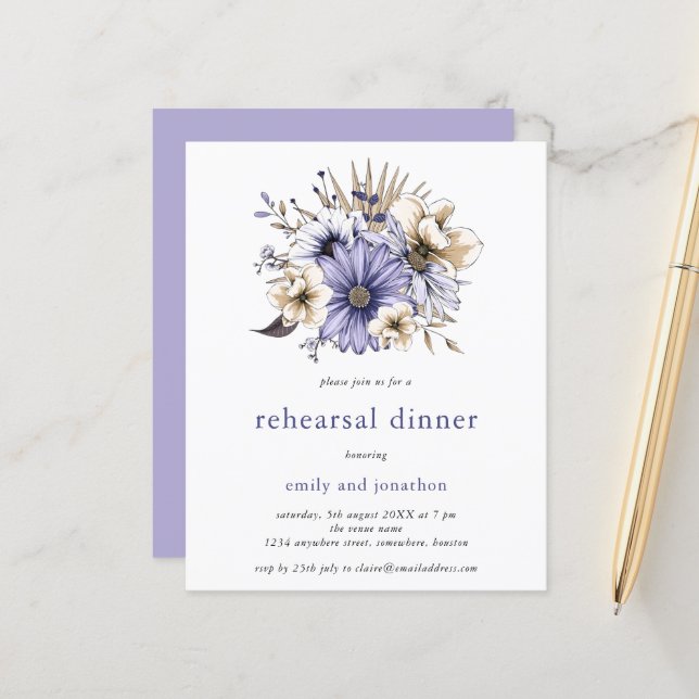 Papier Budget Lilac Florals Répétition Dîner Invitation (Devant/Arrière en situation)