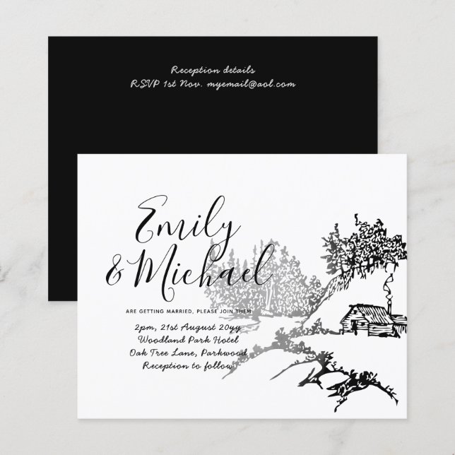 Papier Budget Lineart Cabine à Woods Mariage Invitation (Devant / Derrière)