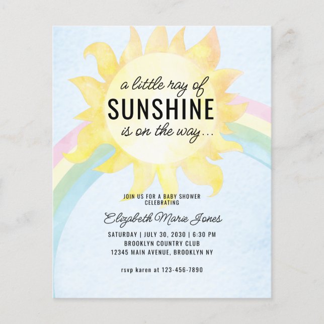 Papier Budget Little Ray of Sunshine Baby shower Invitati (Devant)