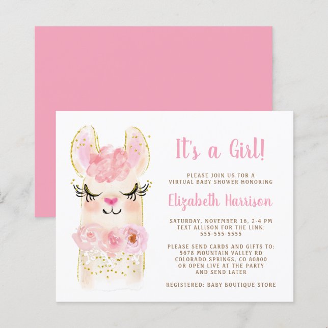 Papier Budget Llama Baby Girl Virtual Shower Invitation (Devant / Derrière)