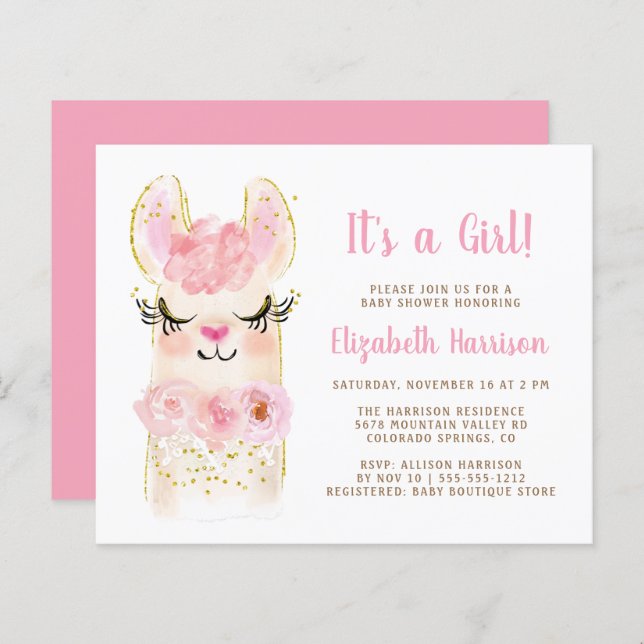 Papier Budget Llama rose bébé fille douche Invitation (Devant / Derrière)