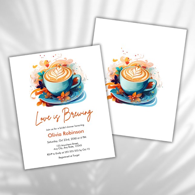 Papier Budget Love est l'Invitation de Fête des mariées (Budget Blue Floral Love is Brewing Coffee Bridal Shower Invitation )