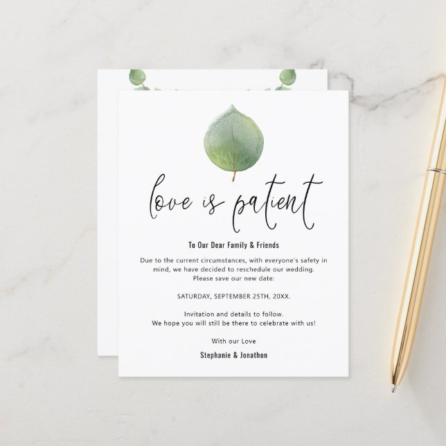 Papier Budget Love Is Patient Save New Date Eucalyptus (Devant/Arrière en situation)