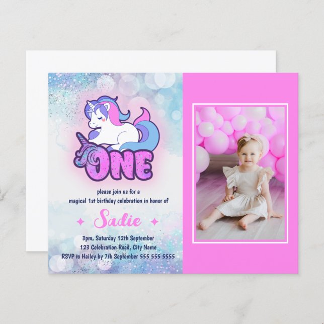 Papier Budget Magical Unicorn 1er anniversaire Invitation (Devant / Derrière)