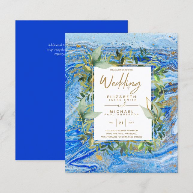 Papier BUDGET Marbre Bleu Or Vert Mariage Invite (Devant / Derrière)