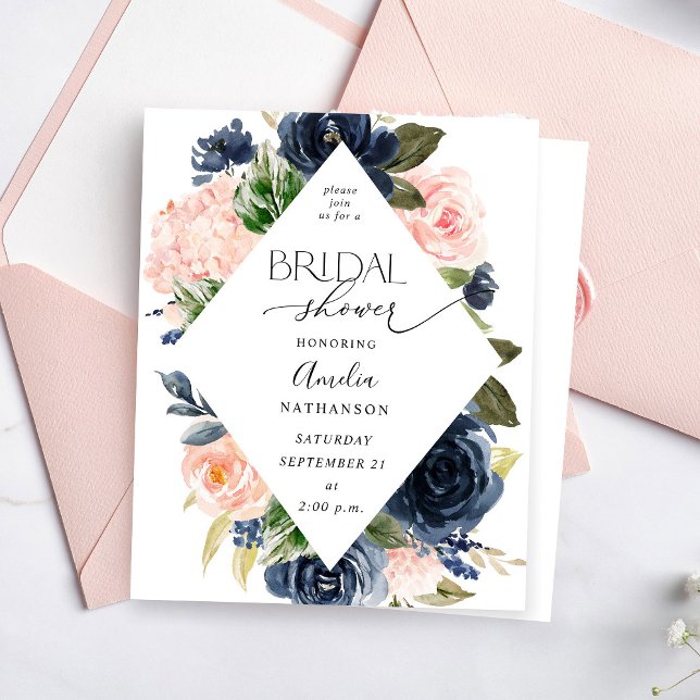 Papier Budget Mariage Bleu Nuit et Rose Pâle Floral Showe (Créateur téléchargé)