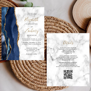 Papier Budget Mariage Bleu Or Agate Marbre QR Code