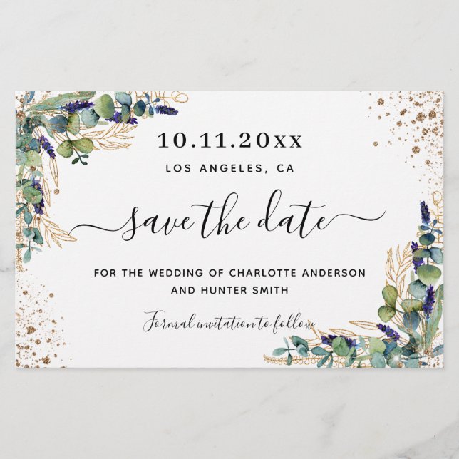 Papier Budget mariage d'eucalyptus or enregistrer la date (Devant)