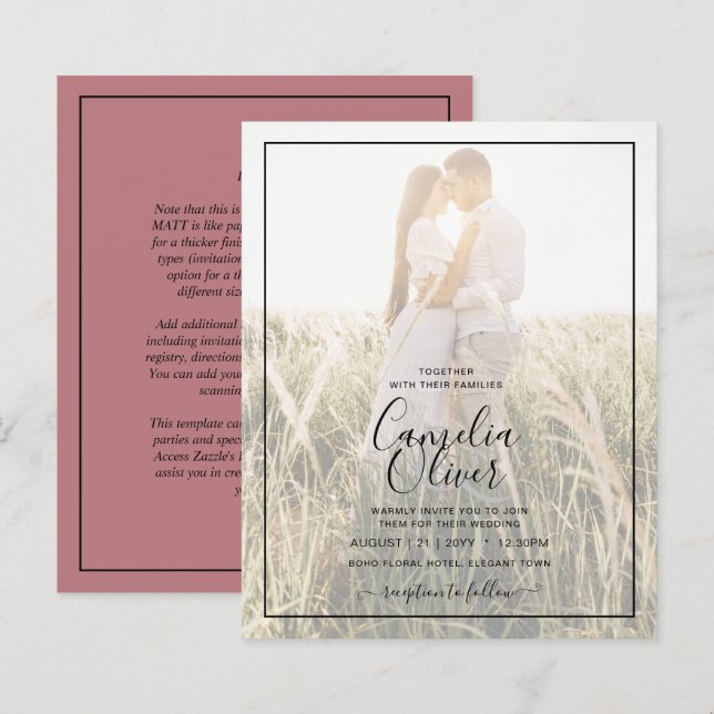 Papier BUDGET Mariage Dusty Rose Photo OVERLAY (Devant / Derrière)