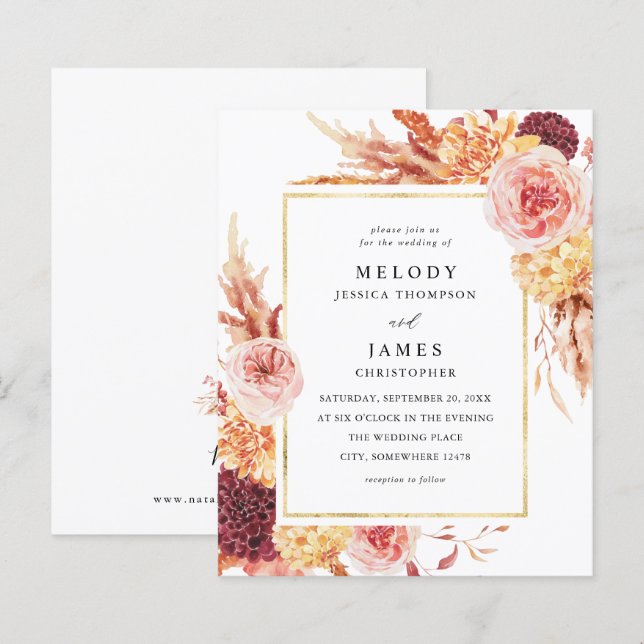 Papier Budget Mariage Fleurs Roses Bourguignon Doré 2 (Devant / Derrière)