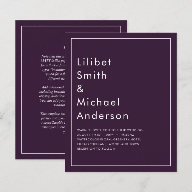 Papier BUDGET Mariage PLUM PURPLE Monochrome Simple (Devant / Derrière)