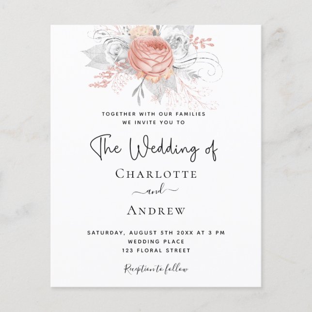 Papier Budget Mariage rose or floral élégant argent (Devant)