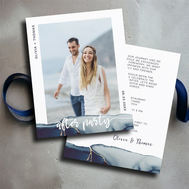 Papier Budget Marine après l'Elopement de fête de mariage (after elopement wedding party invitation budget photo navy blue modern simple elegant romantic boho)