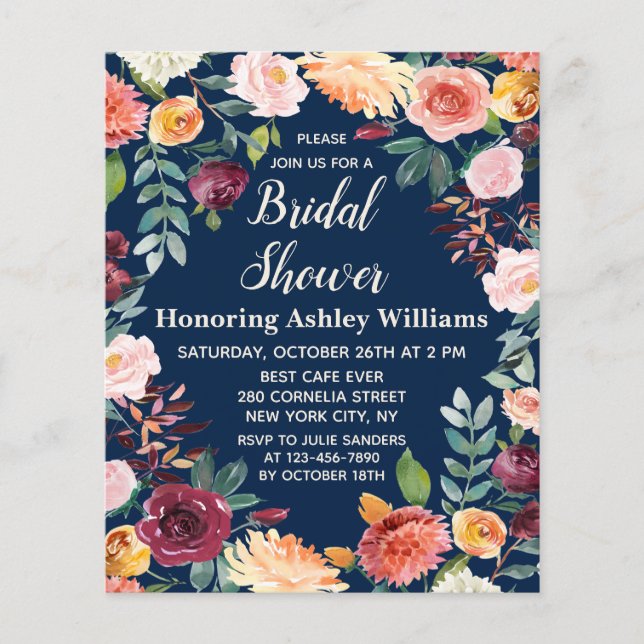 Papier Budget Marine Automne Floral Bridal Douche Invitat (Devant)