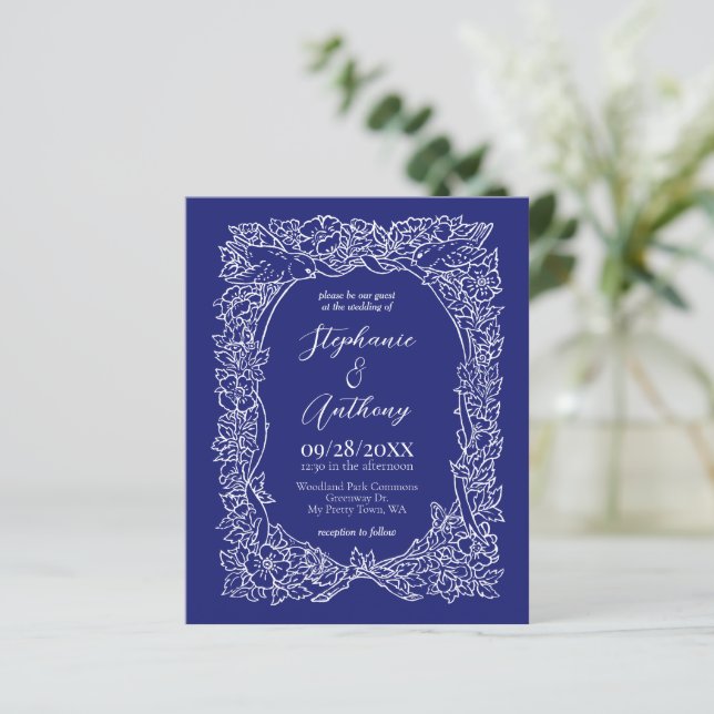 Papier Budget Marine Bleu Blanc Floral Faire-part de mari (Debout devant)