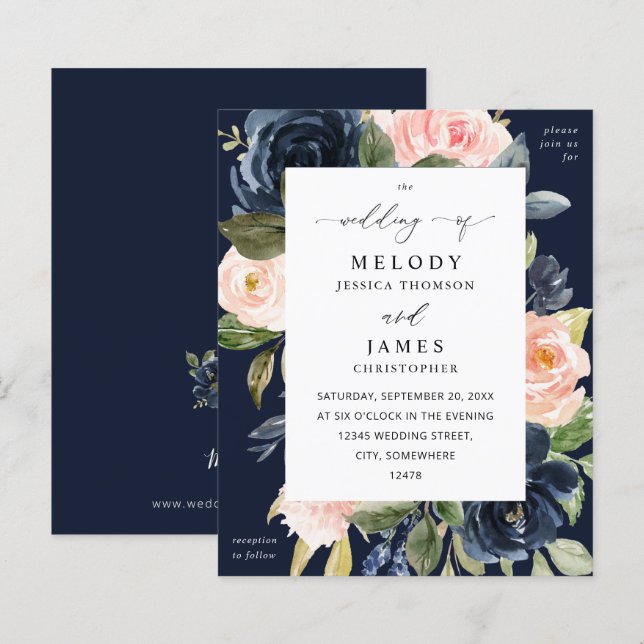 Papier Budget Marine Bleu & Blush rose Floral Mariage aut (Devant / Derrière)