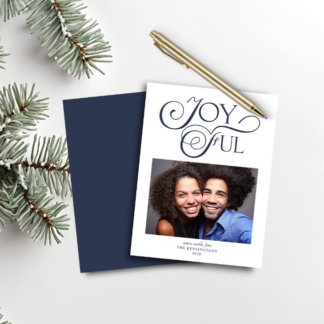 Papier Budget Marine Bleu Noël Joyeux Noël Photo (Budget Navy Blue Christmas Joyful Christmas Photo Card)