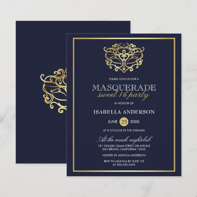 Papier Budget Marine Bleu & Or Masquerade Sweet 16 Party (Devant / Derrière)