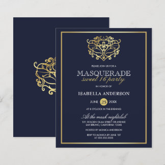 Papier Budget Marine Bleu & Or Masquerade Sweet 16 Party