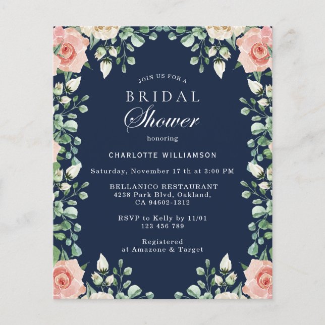 Papier Budget Marine bleu rose floral Fête des mariées ci (Devant)