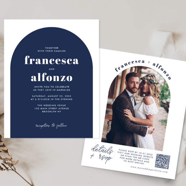 Papier Budget Marine Bleu RSVP QR Code Retro Photo Mariag (Créateur téléchargé)