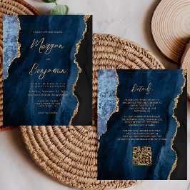 Papier Budget Marine Blue Agate Script QR Code Mariage