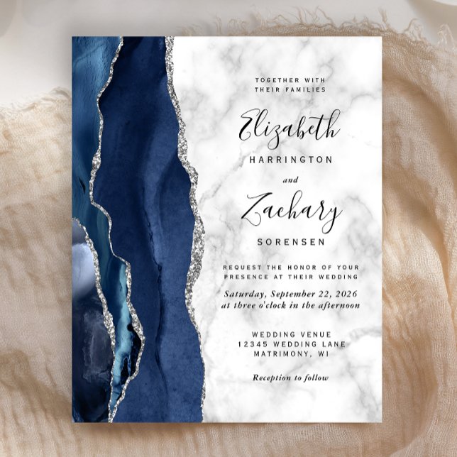 Papier Budget Marine Blue Argent Agate Marbre Mariage (Créateur téléchargé)
