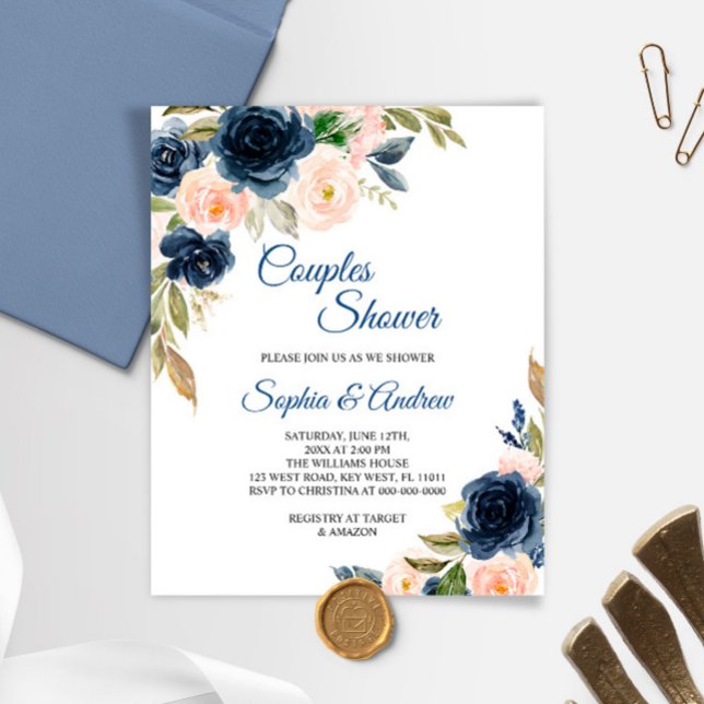 Papier Budget Marine Blue & Blush Couples Showinvite (Créateur téléchargé)