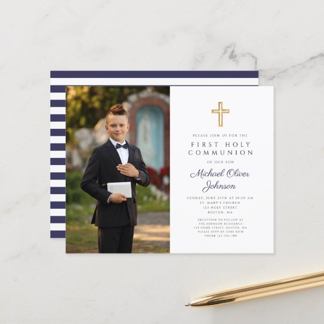 Papier Budget Marine Blue Boy First Communion Photo Invit (Devant/Arrière en situation)