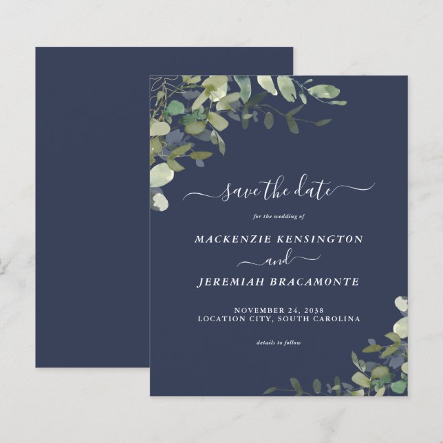 Papier Budget Marine Blue Eucalyptus Mariage Enregistrer  (Devant / Derrière)