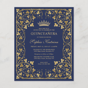 Papier Budget Marine Blue Floral Or Tiara Quinceanera