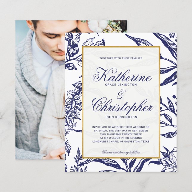 Papier BUDGET Marine Blue Gold Botanical Mariage photo (Devant / Derrière)