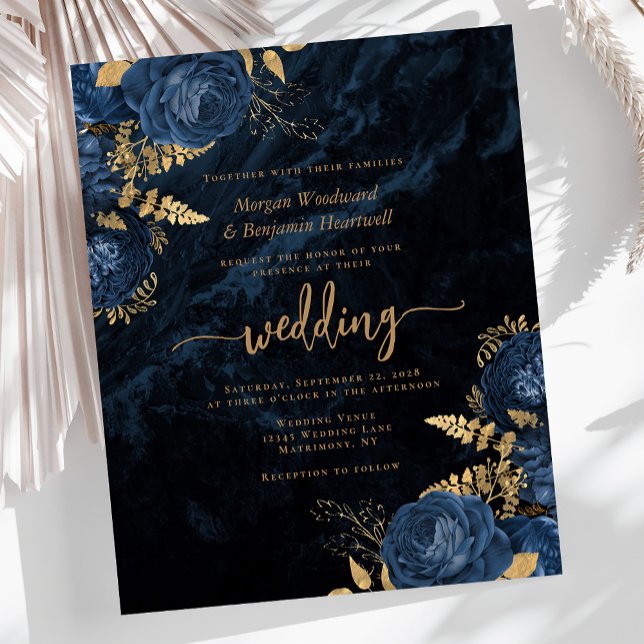 Papier Budget Marine Blue Gold Floral Wedding Invitation (Créateur téléchargé)
