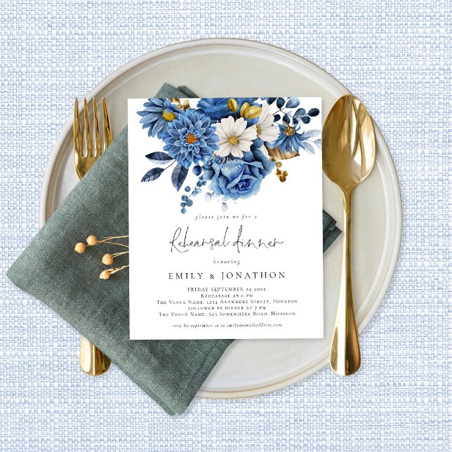 Papier Budget Marine Blue Gold Florals Dîner de répétitio (Créateur téléchargé)