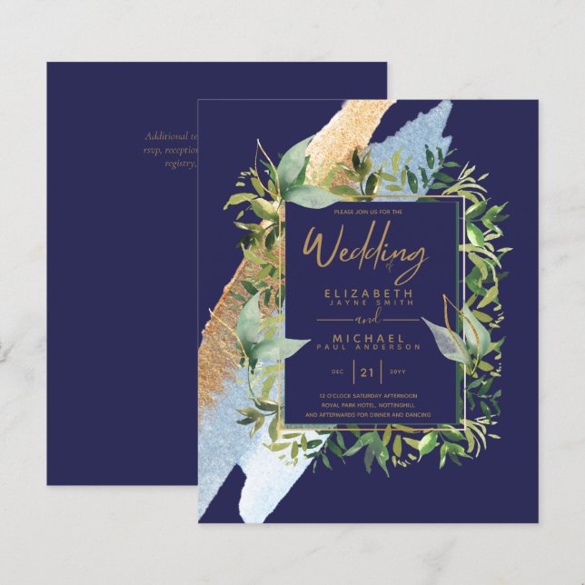 Papier BUDGET Marine Blue Gold Greenery Mariage Invite (Devant / Derrière)
