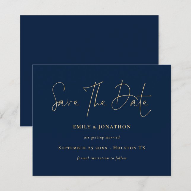 Papier Budget Marine Blue Gold Script Enregistrer la date (Devant / Derrière)