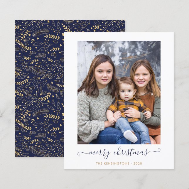 Papier BUDGET Marine Blue Gold Script Joyeux Noël Photo (Devant / Derrière)