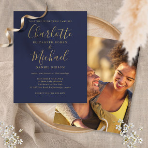 Papier Budget Marine Blue Gold Script photo de mariage In