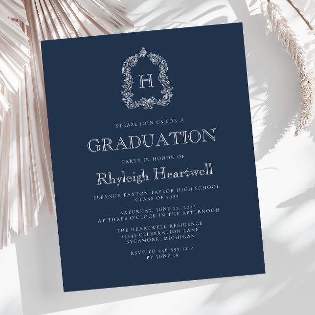 Papier Budget Marine Blue Monogram Crest Graduation Party (Créateur téléchargé)