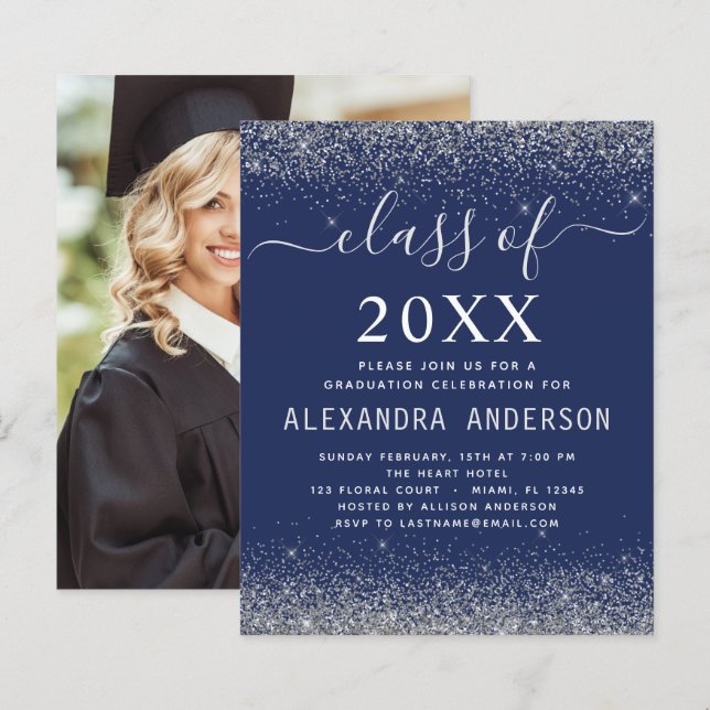 Papier Budget Marine Blue Silver Photo Graduation 2023 (Devant / Derrière)